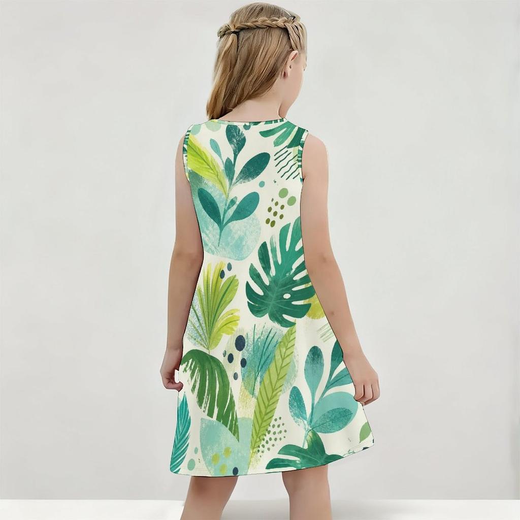 Girls Round Neck Sleeveless Tropical Leaf Printed A Line Flared Dress
