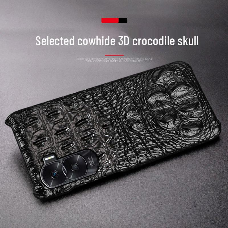 Genuine leather half-cover protective case for Honor X50, featuring cowhide, crocodile pattern, and skull design.