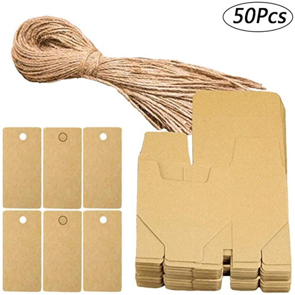50pcs Kraft  Paper  Rectangular  Candy  Box Retro Style With Blank Label Linen Rope Abrasion Resistant Solid Color Wedding Party Gift Box