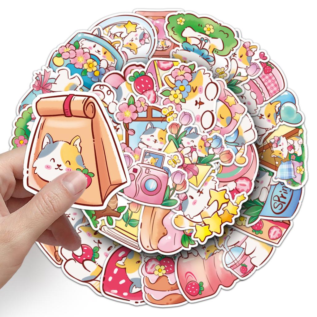50 Spring Kitten Doodle Stickers Cartoon Cute Creative Decorative Water Cup Mobile Phone Small Mochi Stickers
