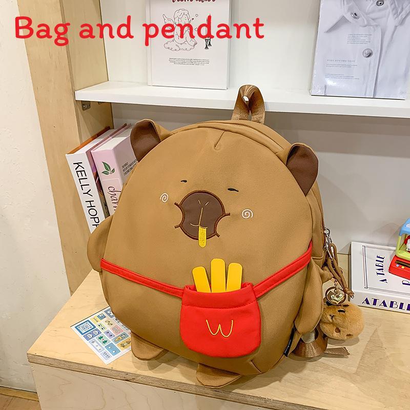 Cute Cartoon French Fries Capybaradesign Children Backpack With Plush Pendant For Casual Travel And School Use M