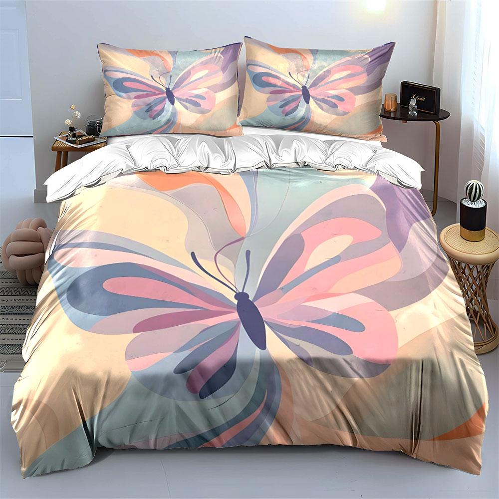 3Pcs Pastel Abstract Butterfly Bedding Set,Soft Watercolor Butterfly In Blue,Pink and Purple Print Duvet Cover + 2 Pillowcases