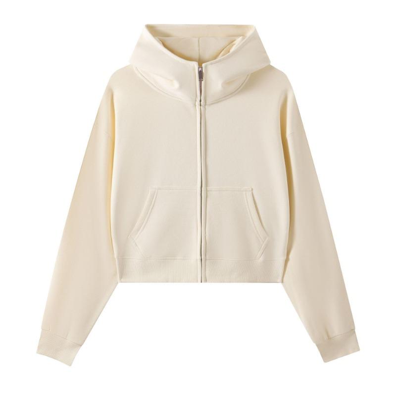 3 Large Fur Ring Solid Color Turtleneck Hooded Zipper Women's Short Hoodie Autumn and Winter Round Neck Fashion Sweater Women