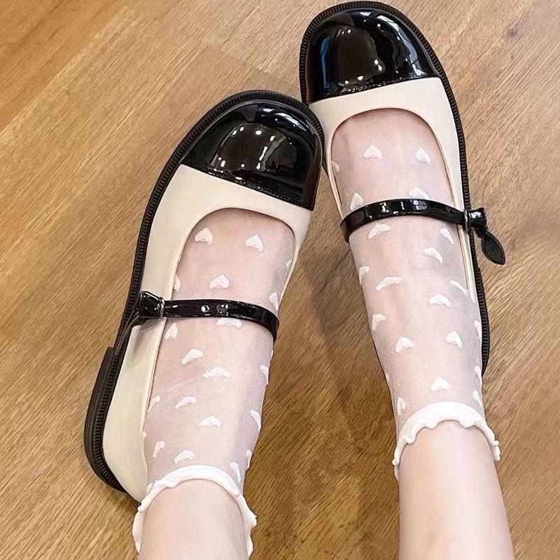 Japanese Lace Lolita Heart Frill Transparent Slouch Socks with Mary Jane Leather Shoes