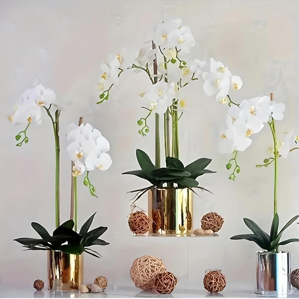 1 Elegant Artificial Orchid Marble Vase with Long Stems, White Orchids, Lush Green Leaves, Realistic Low Maintenance Home Decoration for Christmas