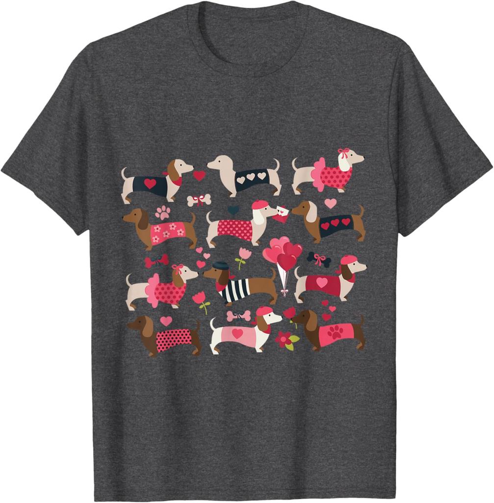 Dachshund Weiner Dog Valentine Heart Print Graphic T-Shirt Casual Daily Crewneck Tee