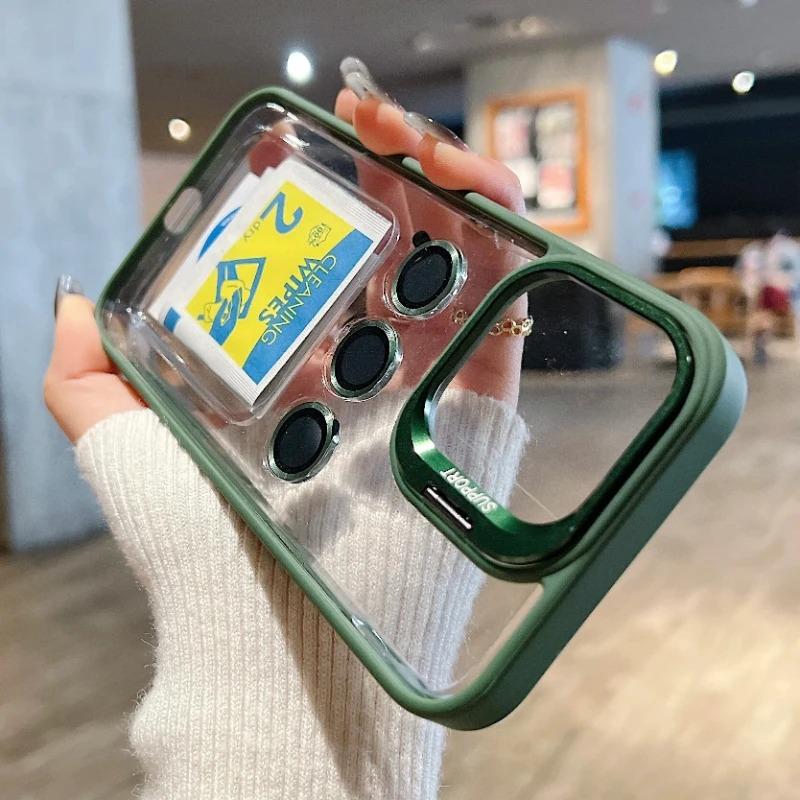 Clear Lens Metal Ring Stand Phone Case For IPhone 16 15 14 13 12 11 Pro Max Plus Camera Glass Protection Transparent Cover