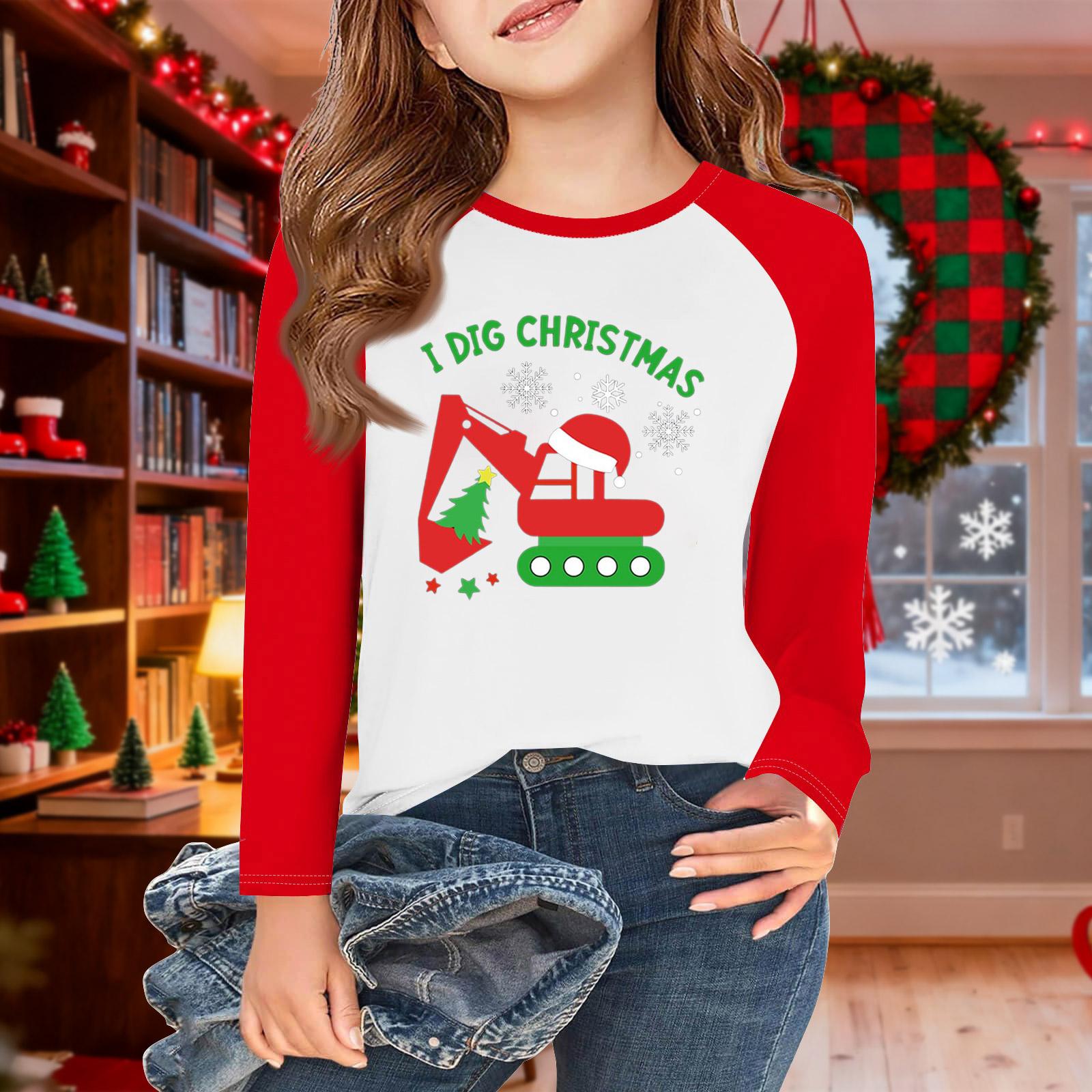 

Футболки с длинным рукавом для девочек на Рождество, детские осенние топы с круглым вырезом, базовые футболки 5-14 лет 160 арбуз красный