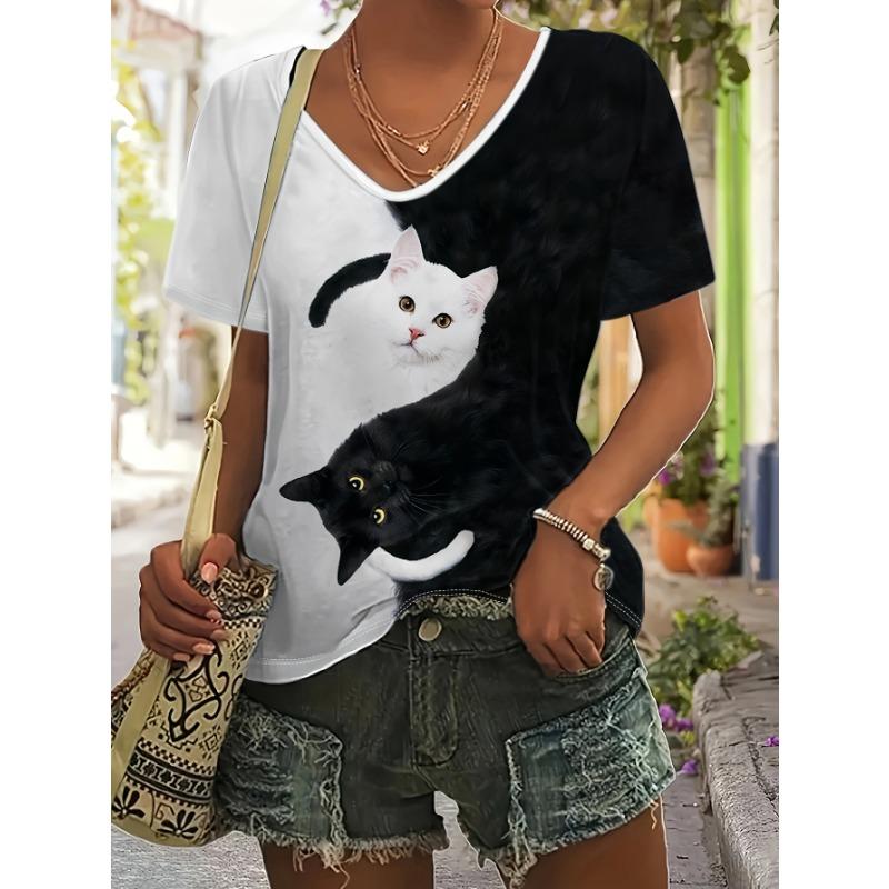 Women's Loose Crew Neck Short Sleeve T-Shirt, 3D Animal Cat Print Casual Summer Top