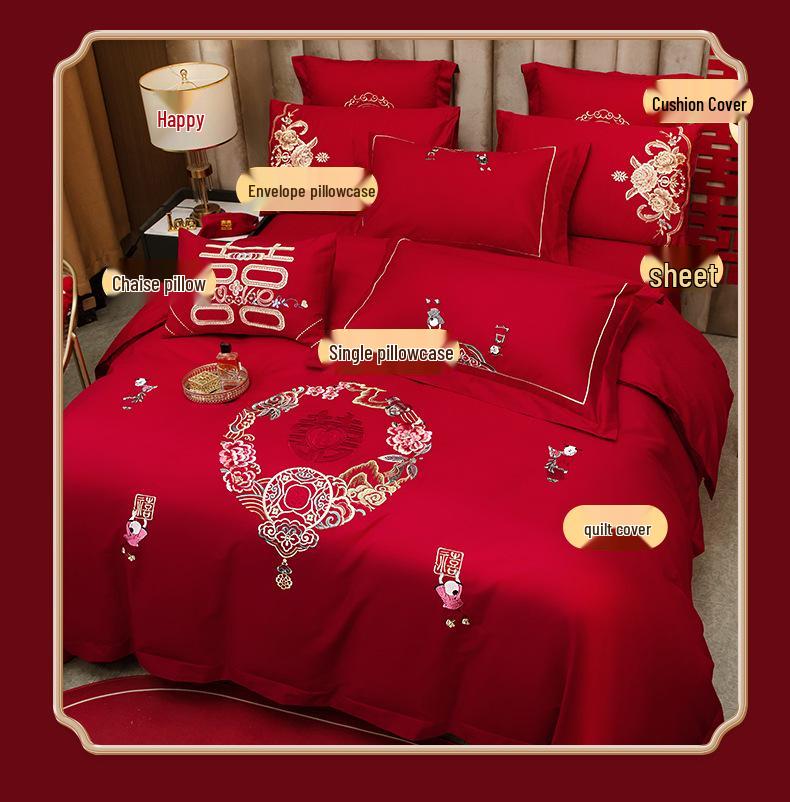 Luksusowy zestaw pościeli ślubnej z haftowanymi Smokiem i Feniksem - 4-częściowa, świąteczna, czerwona kołdra dla nowożeńców