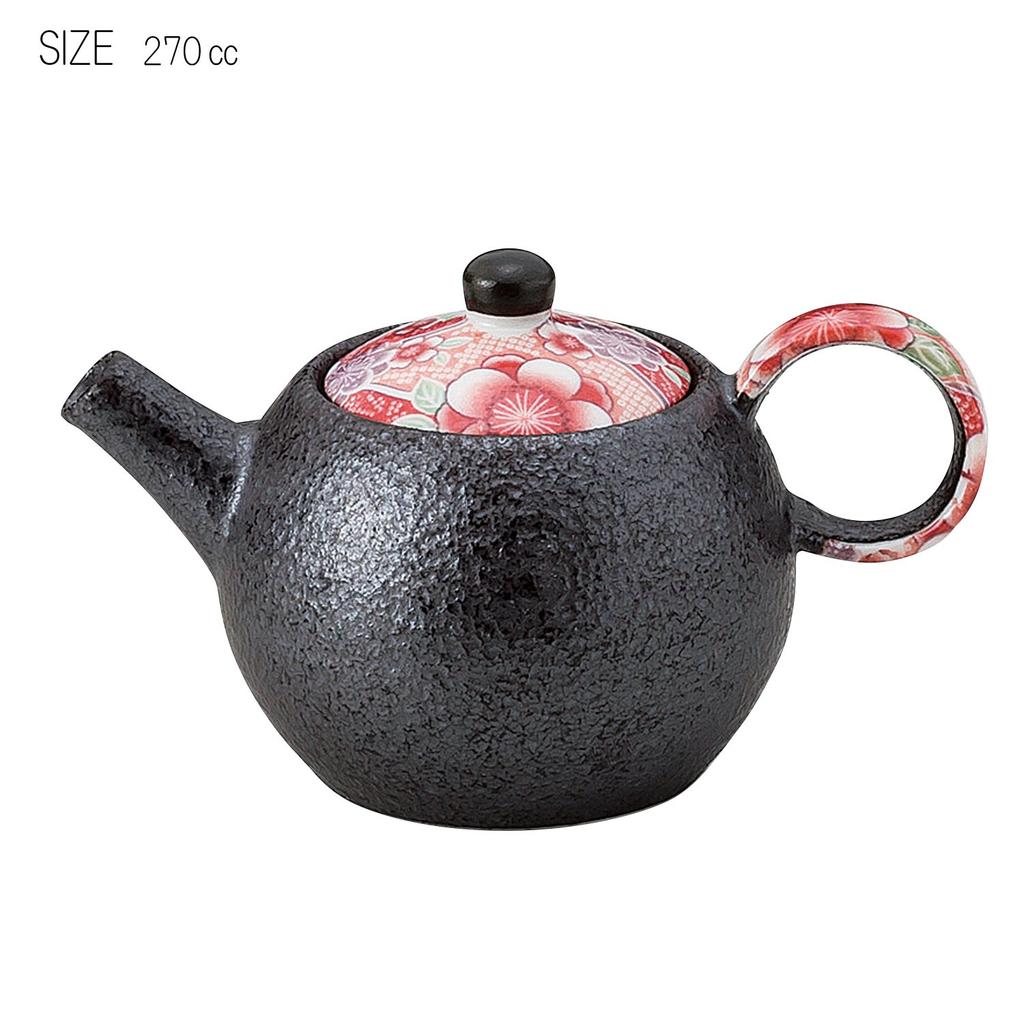 Sohogama Pottery Mini Pot Blue Pot, Beni-Yuzen (with Strainer), Black, 270ml, 483-07-083,