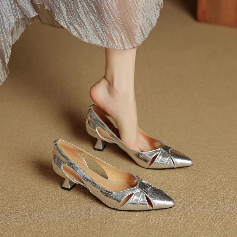 Women's Shoes Spring/Summer 2025 New Silver Baotou Sandals Women's Pointed Toe Stiletto Single Shoes