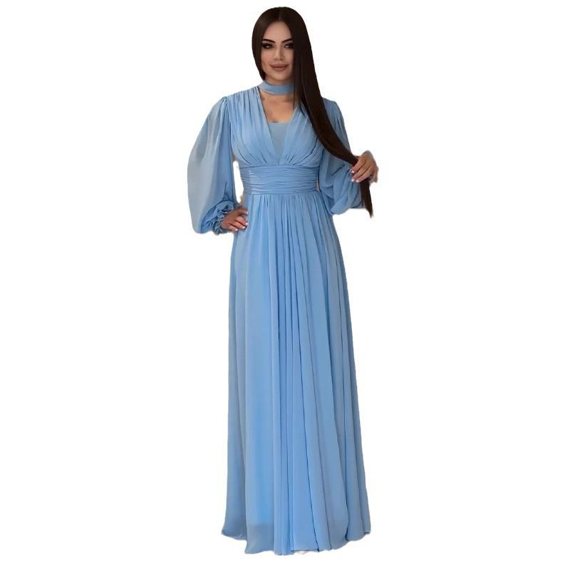 2024 Autumn Elegant V-Neck High Waist Lantern Sleeve Women's Long Dress In Solid Color.