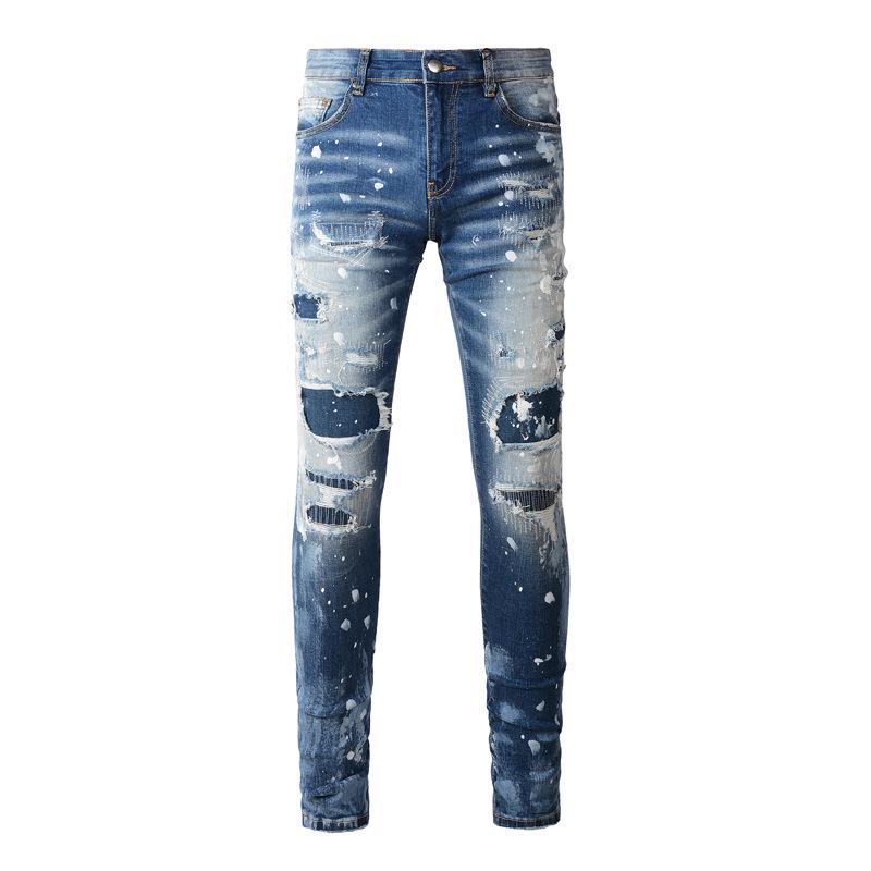 Trendy Blaue Distressed Ripped Skinny Jeans für Herren mit Farbdruck