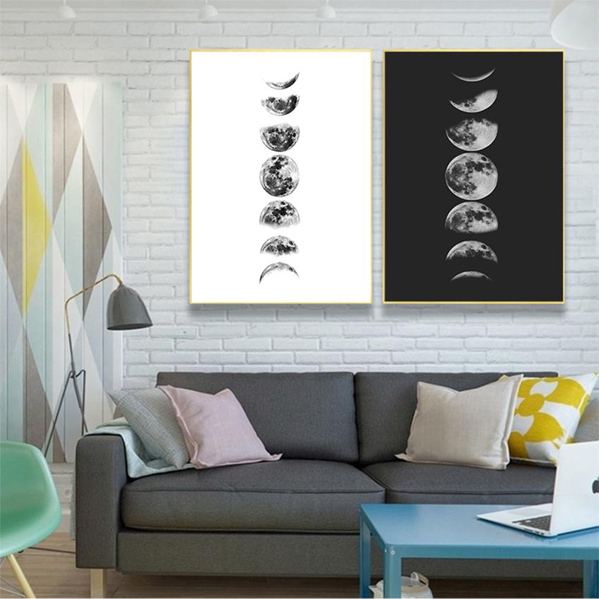 Poster Painting La Luna Pictures Home Wall Art Decor Moon Phases Canvas Print , Black and White