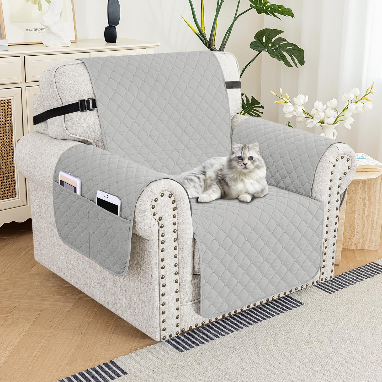 

Стеганый чехол для кресла-реклайнера, водостойкий и нескользящий - Сверхпрочный, с карманами для хранения, подходит для большинства реклайнеров, красный и серый светло-серый