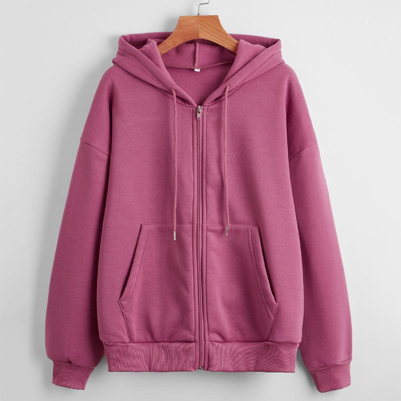 Women's Fleece Sweatshirt Solid Color Long-sleeved Jacket Zipper Casual Loose Top