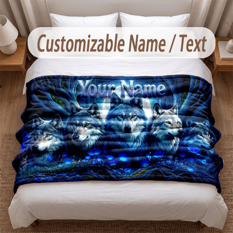 Wolf Theme Soft Blanket Personalized Custom Name Text Print Warm Blanket Home Sofa Bedroom Decor