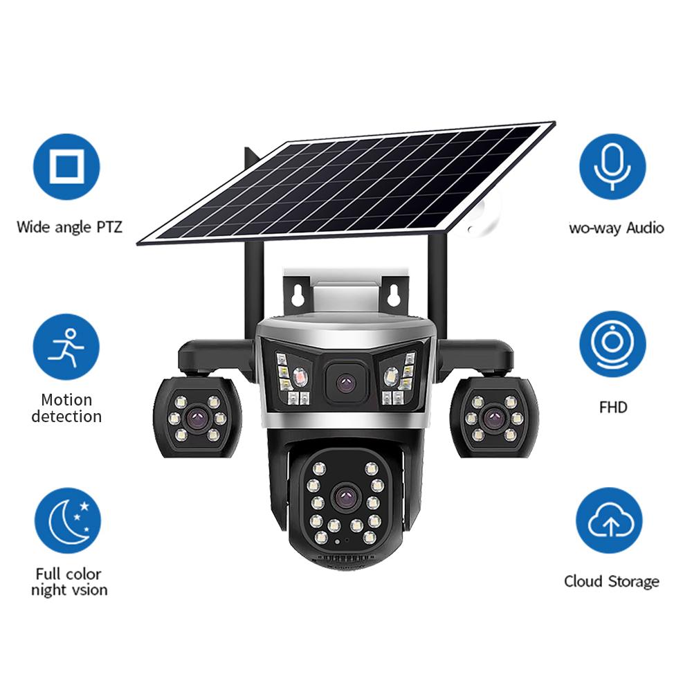 Solar PTZ Camera – 4G 4-Lens with 4-Screen Display, Outdoor Wireless Security Surveillance