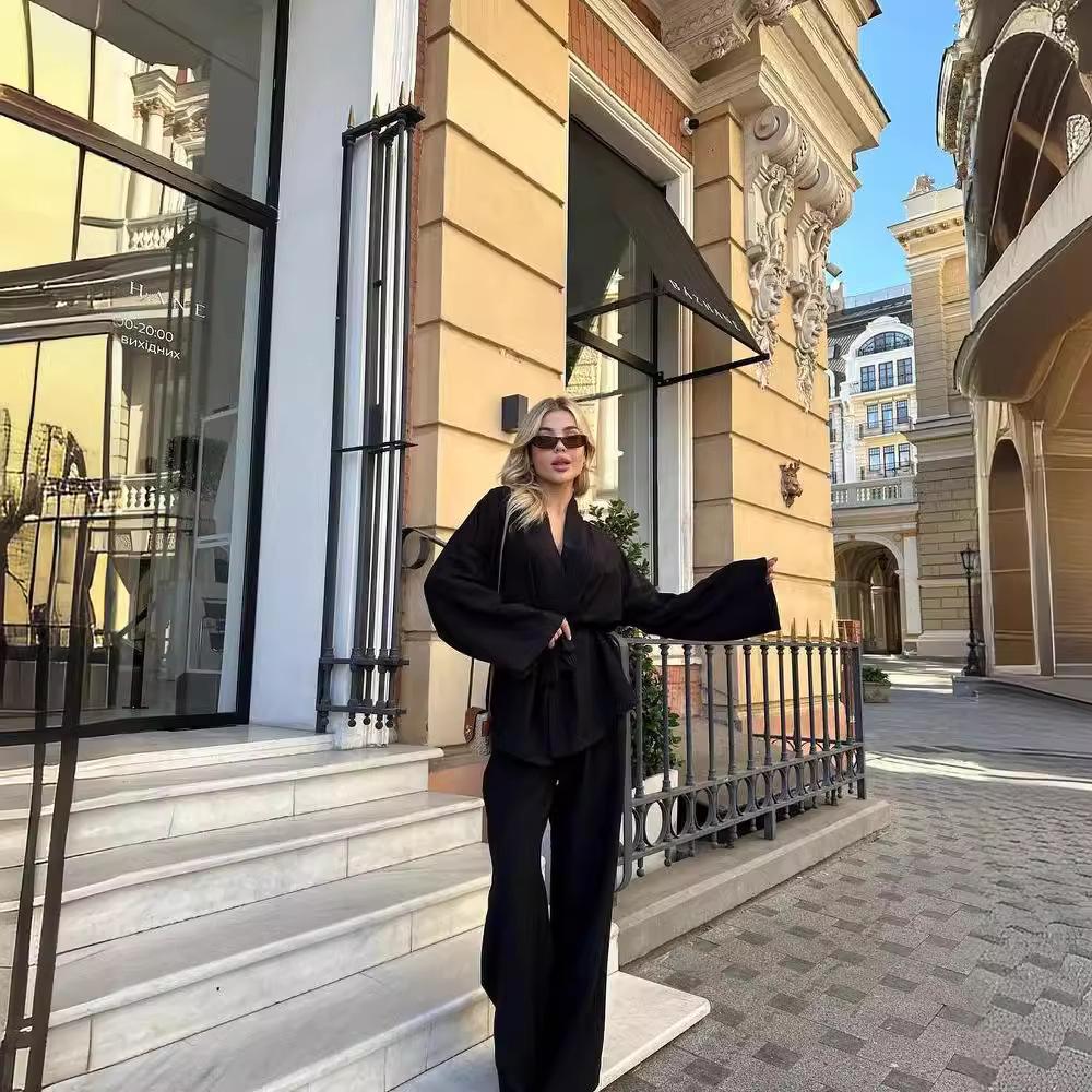 2024 Euro-American Style Autumn/Winter Long Sleeve Stripe Pajama Set - Casual Women's Comfy Pants & Shirt