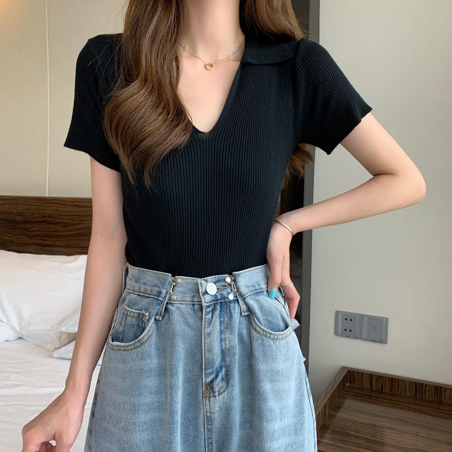 

Свитер с короткими рукавами и V-образным вырезом, узкий, с отворотом, зеленый, темперамент, тонкие, короткие, универсальные, топы, женские, повседневные, облегающие, свитера, футболки One Size чёрный