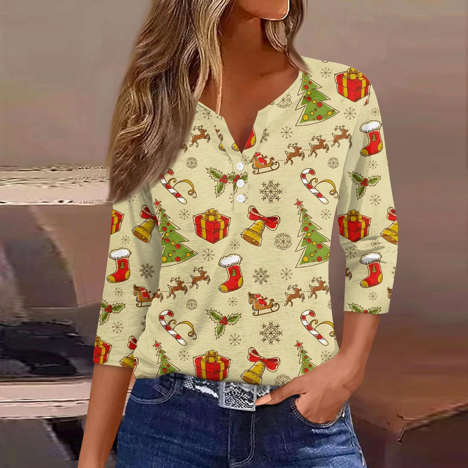 

Жіноча модна повсякденна футболка з V-подібним вирізом із сімома рукавами та різдвяним принтом S