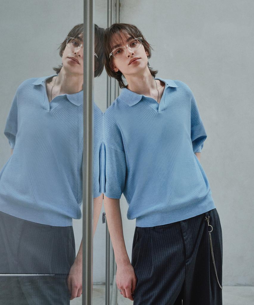 GLW Open Collar Waffle Half Knit Blue