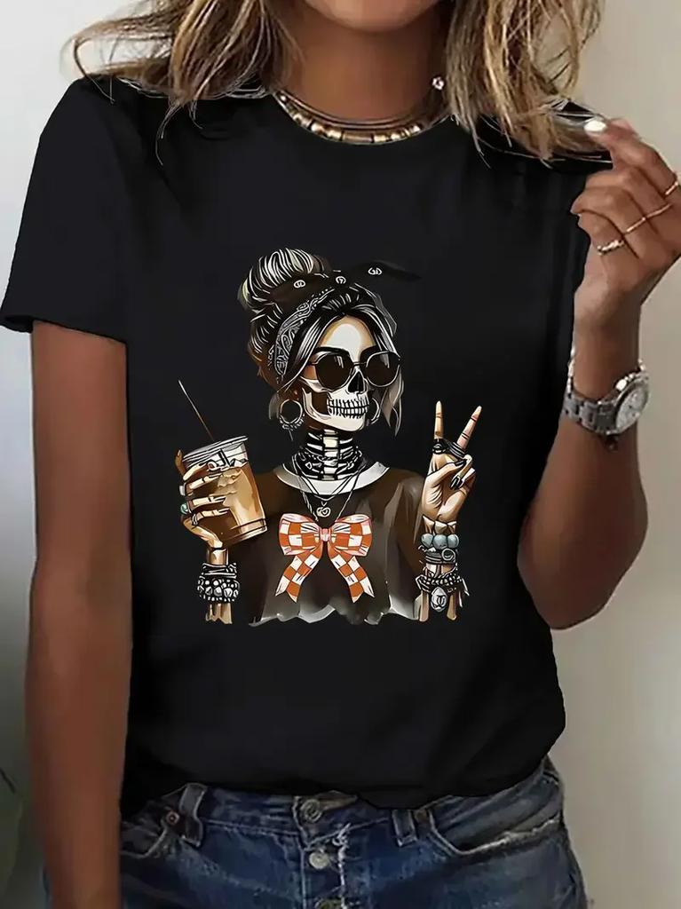Unisexs Halloween Skeleton Graphic Print Tshirt Skull Printed Short Sleeve T Shirt Clothing Top Tee Summer Ladies Girls Shirt