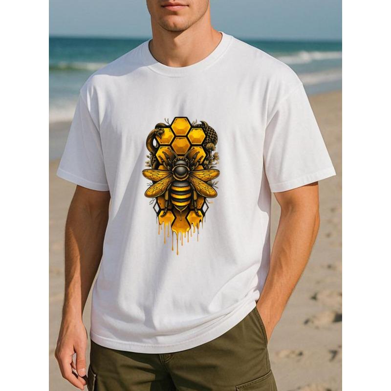 European Size Hive Bee Snake Dark Natural Style Fashion Trend T-shirt, Men's Casual Short-sleeved Round-neck Pattern Printed T-shirt, Four-season