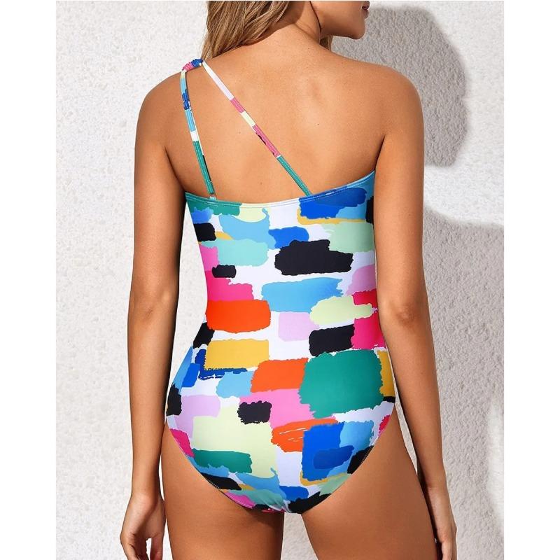 New Women's One-Piece Swimsuit Pure Color Single Shoulder Tight-Fitting Cross-Border New Style Popular Integrated Swimsuit