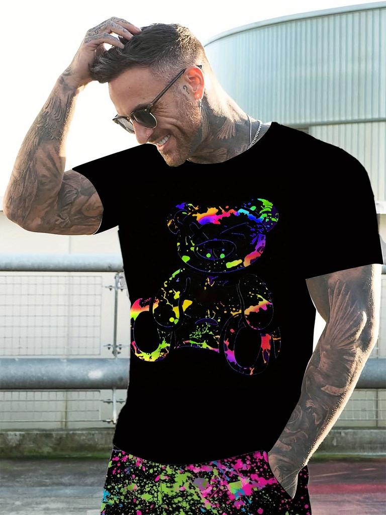 Sommer 2025 neu Bär 3D-Druck Herren Anzug lässig Kurzarm Streetwear Hip Hop
