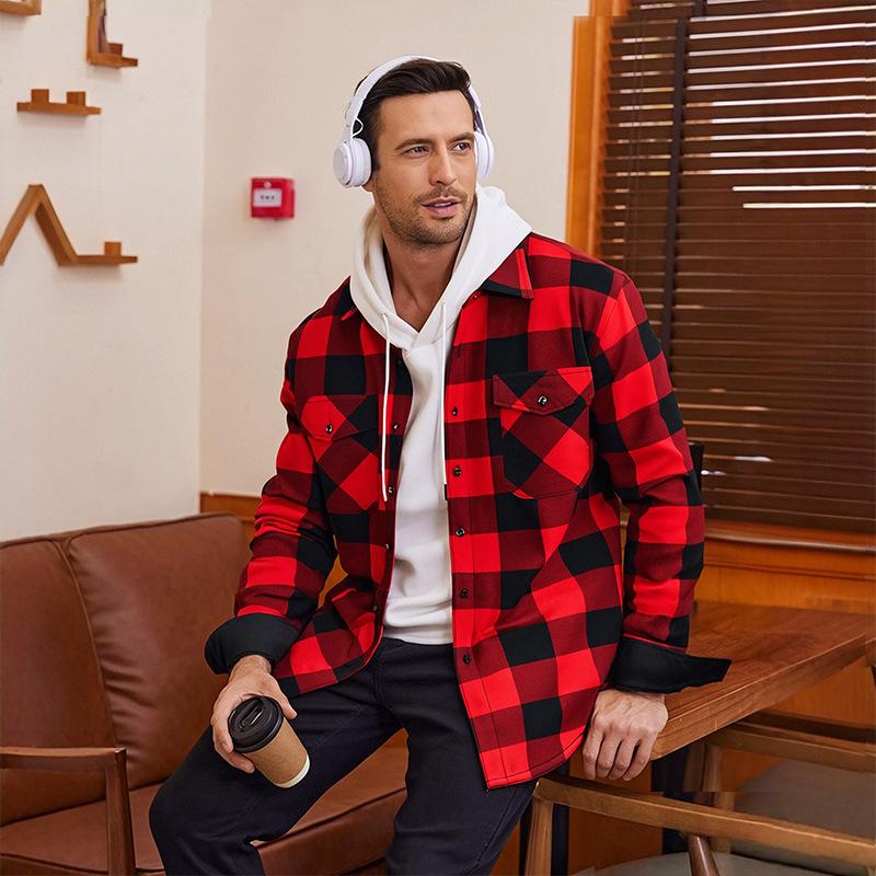 Neuartiges Thermoshirt mit Fleece-Futter für Herren; verdichtetes, gebürstetes Flanell-Karoshemd mit Fleece-Futter; langärmlig