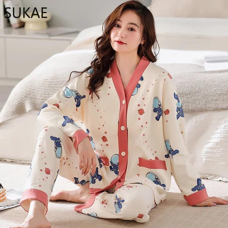 SUKAE New M-5XL Autumn Winter New Cotton Women Pajamas Lady Pijamas Set Loungewear Kimono Cardigan Long Sleeves V-neck Homesuit