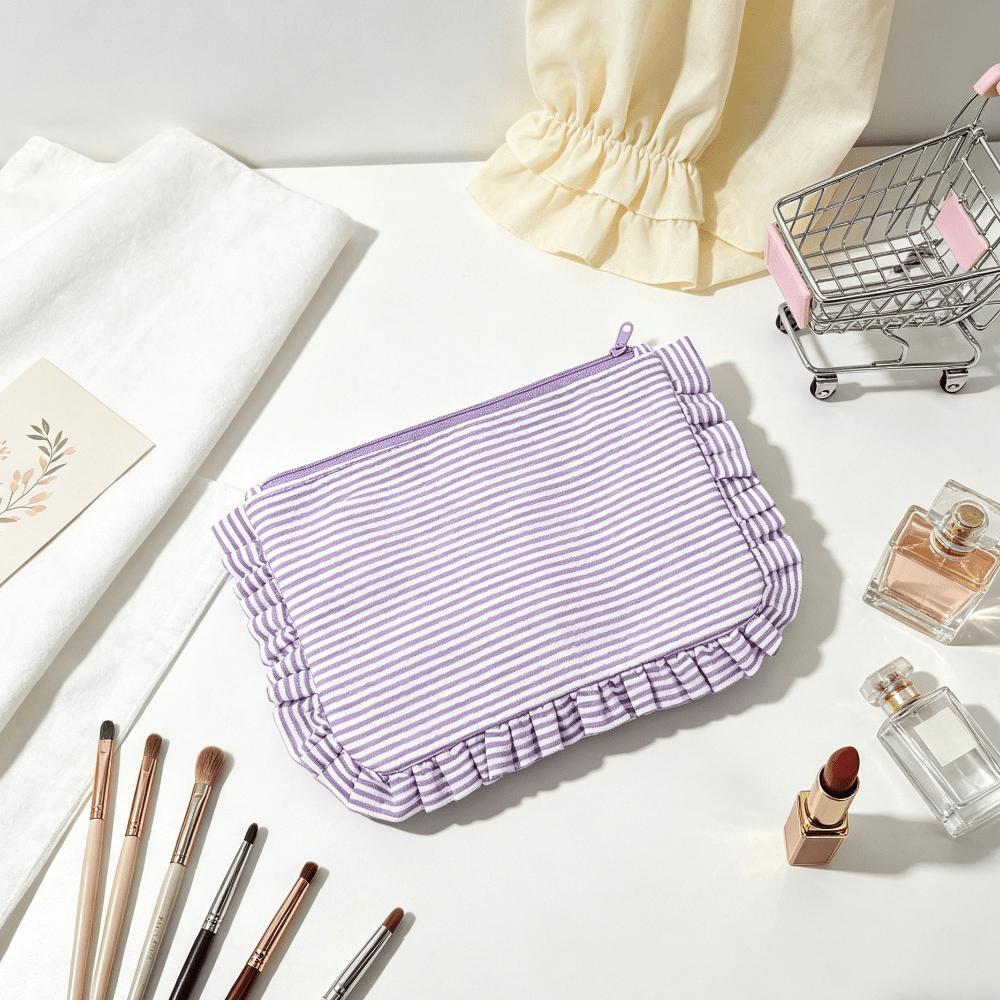 Stylish Ruffled Seersucker Makeup Bag, Large Capacity Striped Storage Bag, Portable Hand Clutch, Lightweight Wash Storage Bag