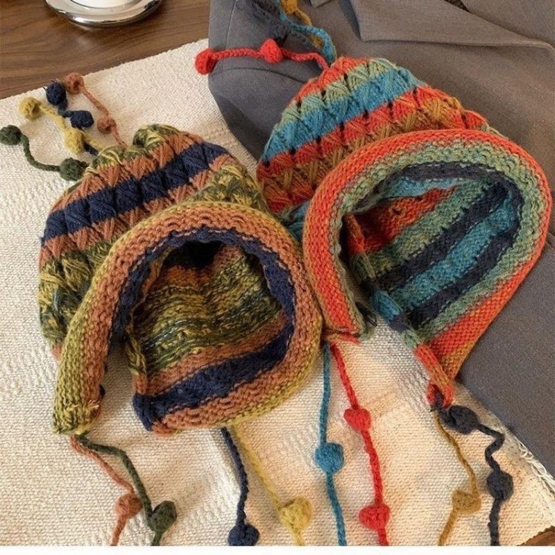 Color Hairball Knitted Hat Handmade Wool Crocheted Women's Autumn and Winter Thickened Thermal Ear Protector Pullover Hat