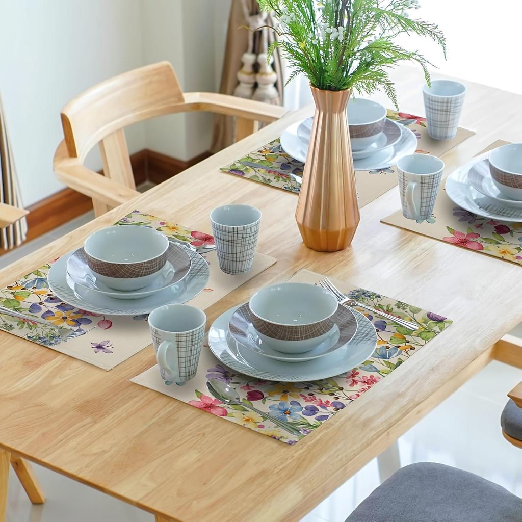 4pcs Spring Floral Placemats Watercolor Colorful Flower Butterfly Vintage Rustic Table Mats