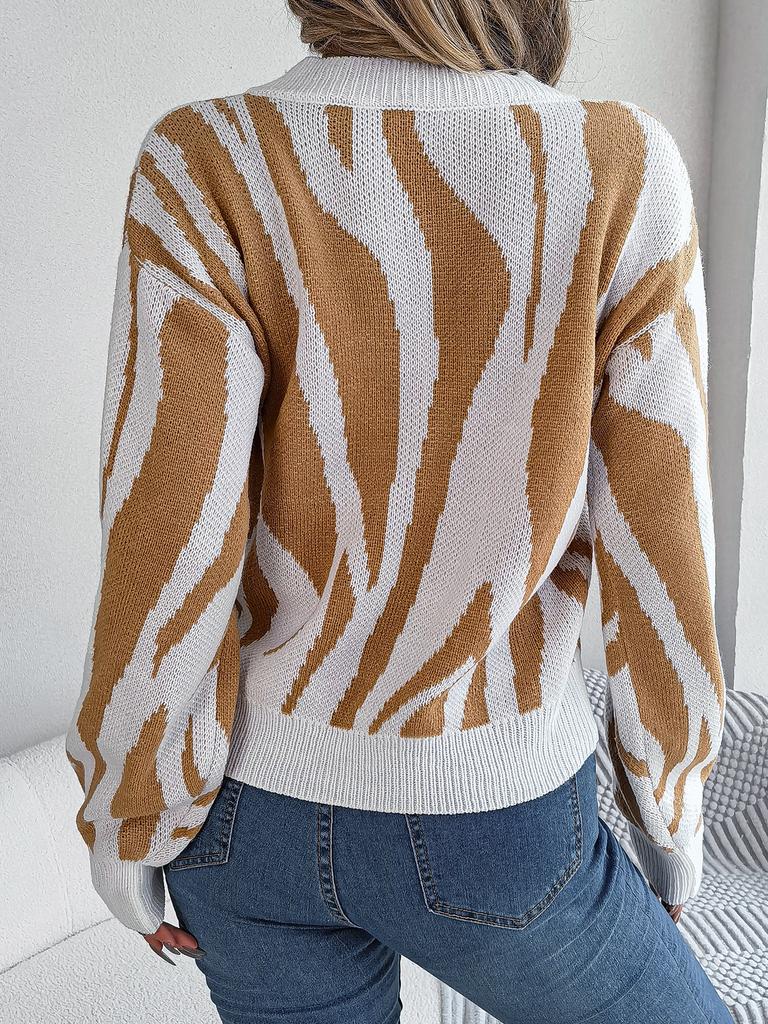 New Women Autumn and Winter V-neck Contrast Color Long Sleeve   Stitching Color Casual Knitted Sweater Long Sleeve Tops Irregular Stripe Pullover