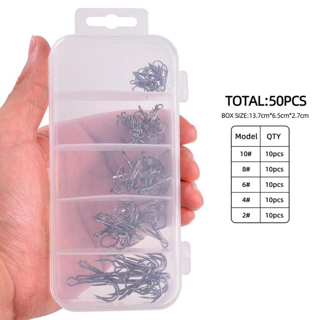50Pcs Round Bend Treble Hook Set High Carbon Steel Fishing Hook High Carbon Steel Heavy Duty Fishing Tackle Set with Box