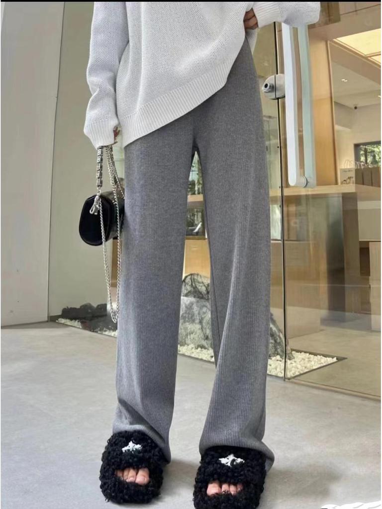 Women's Spring Style Wide-Leg Imitation Cashmere Drawstring Pants - Casual Floor-Length Hong Kong Fashion
