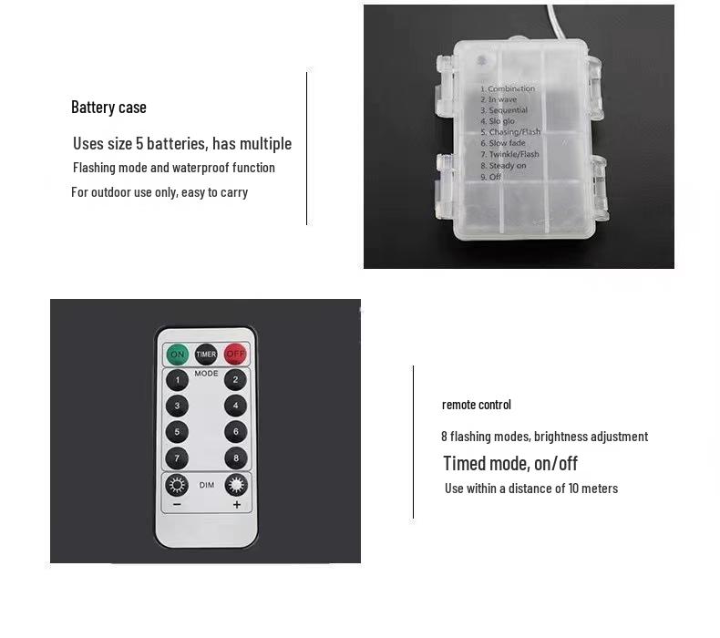 Ghirlandă Luminoasă Impermeabilă cu 8 Funcții cu Telecomandă – Lumini Decorative LED cu Fir de Cupru Alimentate cu Baterii