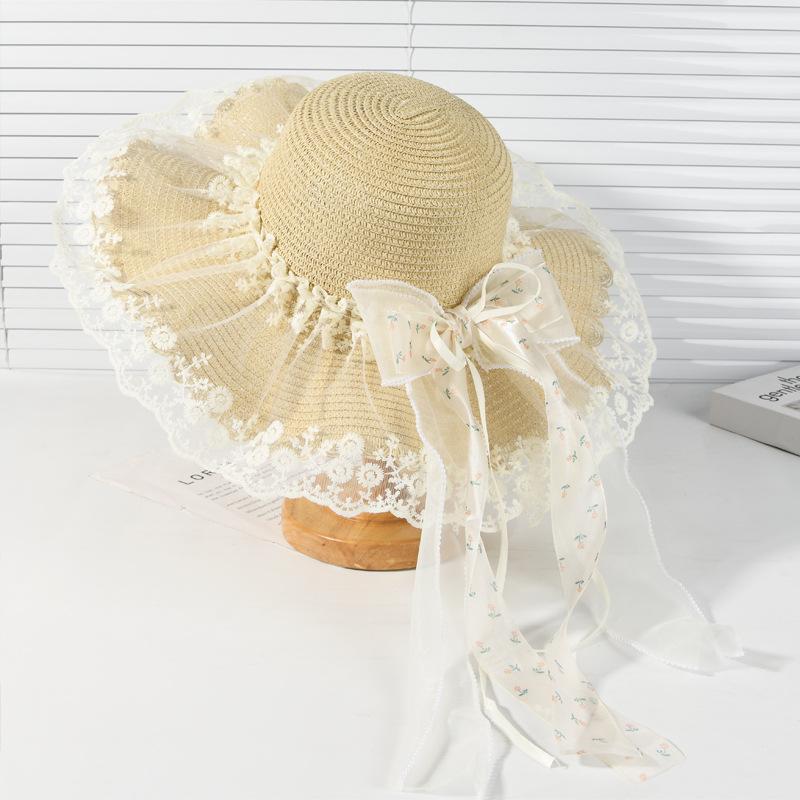 

New big wave lace straw hat female super fairy seaside vacation beach hat summer sun hat M（56-58cm） бежевый