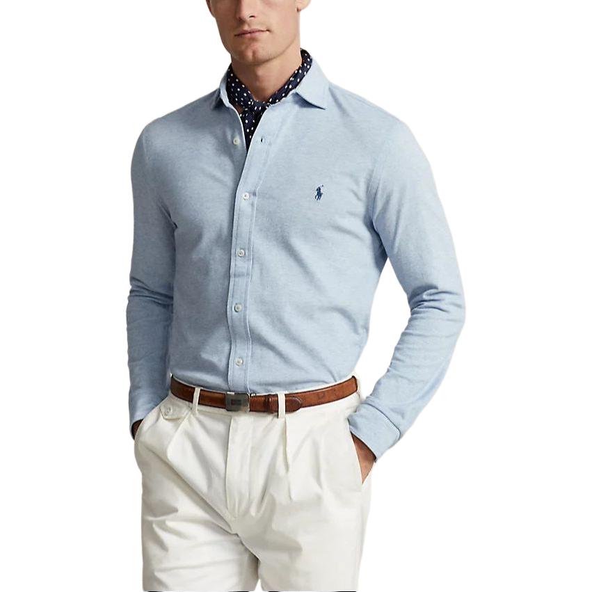 Polo Ralph Lauren Jacquard-Textured Mesh Shirt With Buttoned Collar And Logo Print Men Shirts Light-Blue 710899073-002
