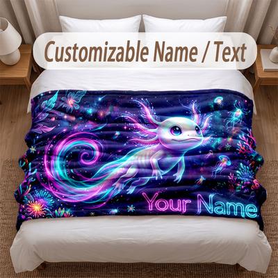 Axolotl Theme Soft Blanket Personalized Custom Name Text Print Warm Blanket Home Sofa Bedroom Decor
