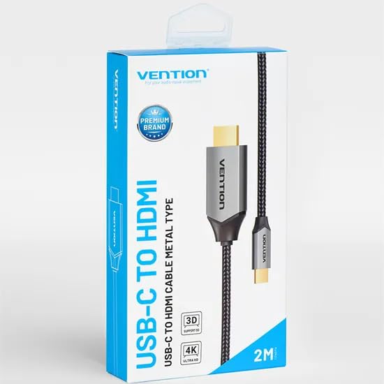 VENTION USB-C HDMI Cable, 2m, Black, HDCP Compatible, Aluminum Alloy, Cotton Braided