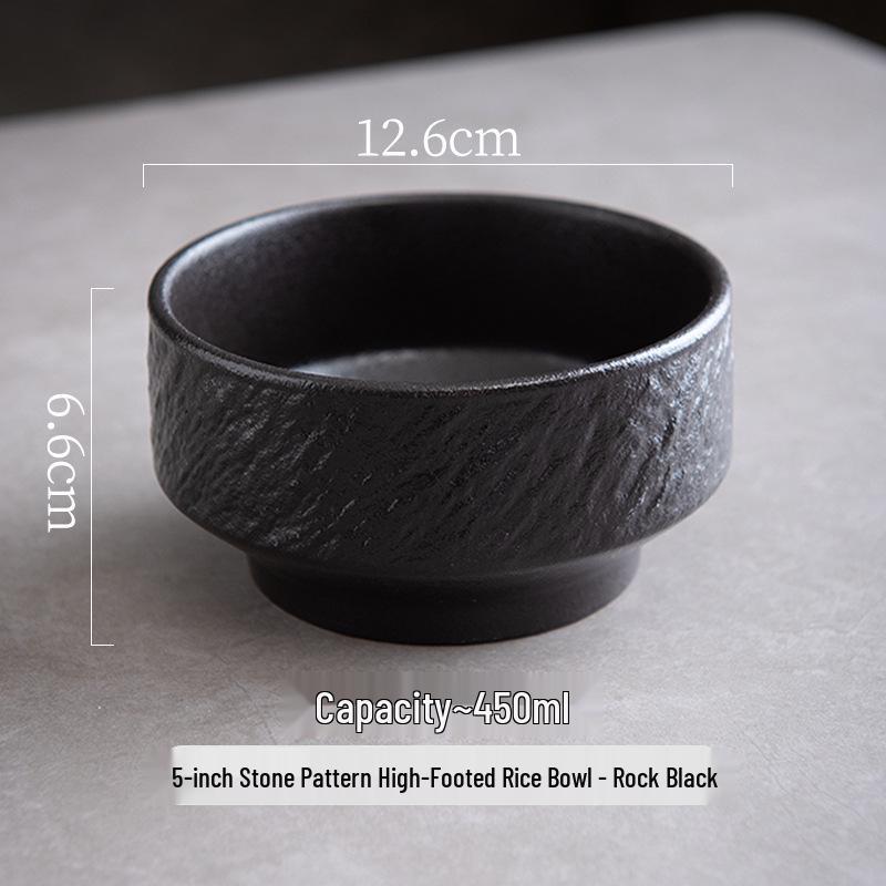 Black and White Ceramic Rice Bowl - Rock Texture Household Tableware for Soup, Salad, Dessert