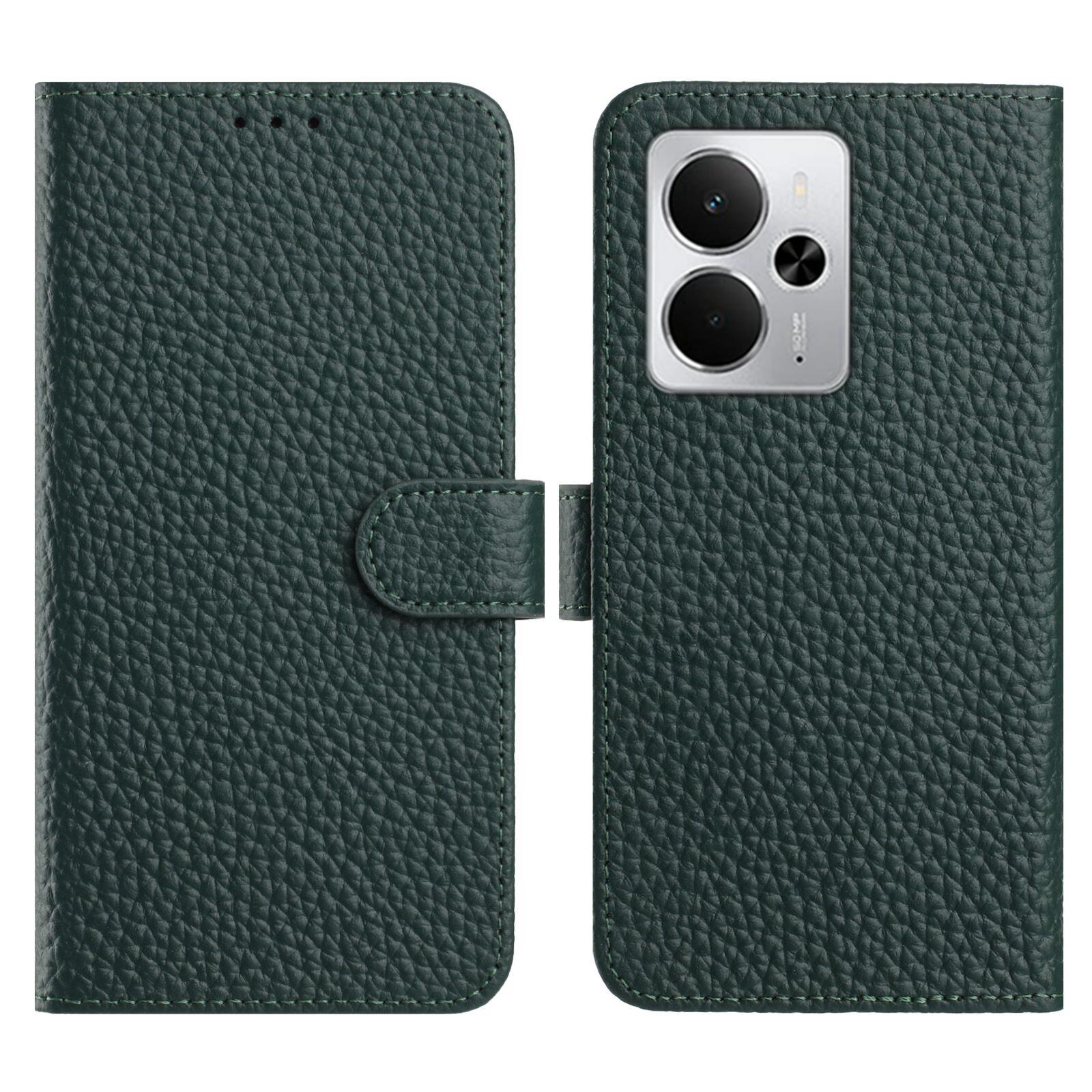 

Flip Phone Case For Realme 14 5G/14T 5G/P3 5G Wallet Stand Litchi Texture Genuine Cow Leather Cover Green
