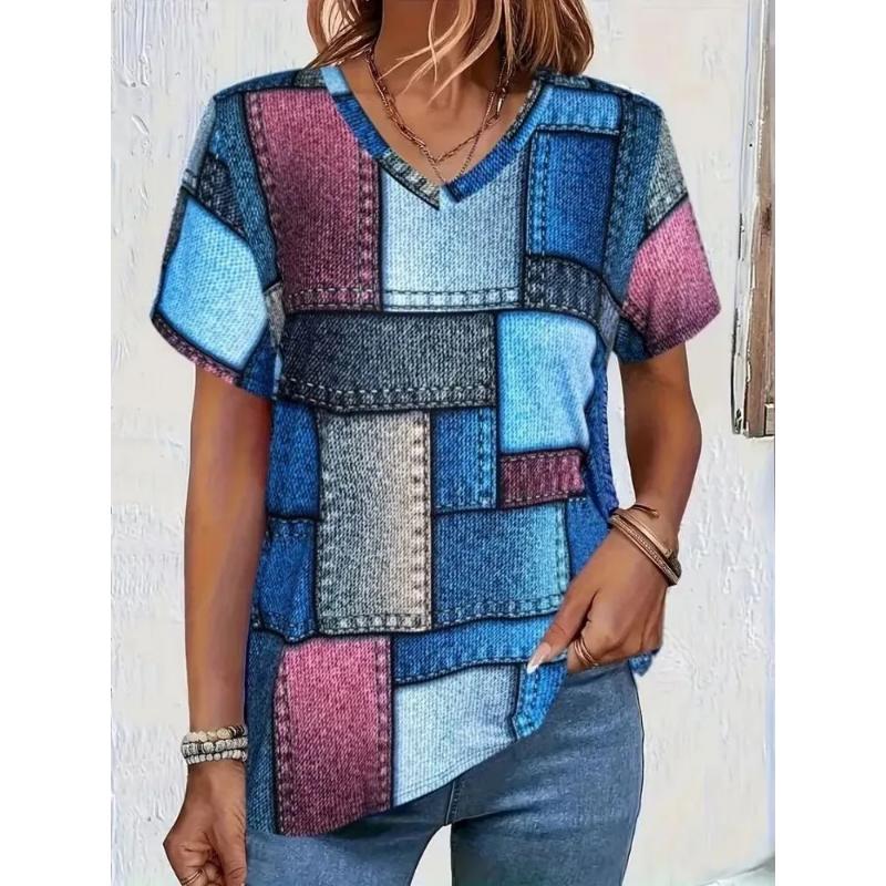 Fashion Women's V-Neck Short Sleeve 3D Flower Color Printing V-Neck Flower Short Sleeve