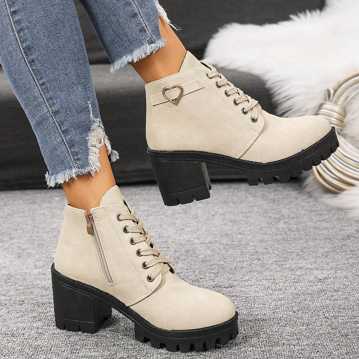 

Fashion 2025 Women Boot New Spring Winter High Quality Lace-up Boots Women Fashion Outdoor Comfort High Heels Shoes Women Botas De Mujer 35 бежевый