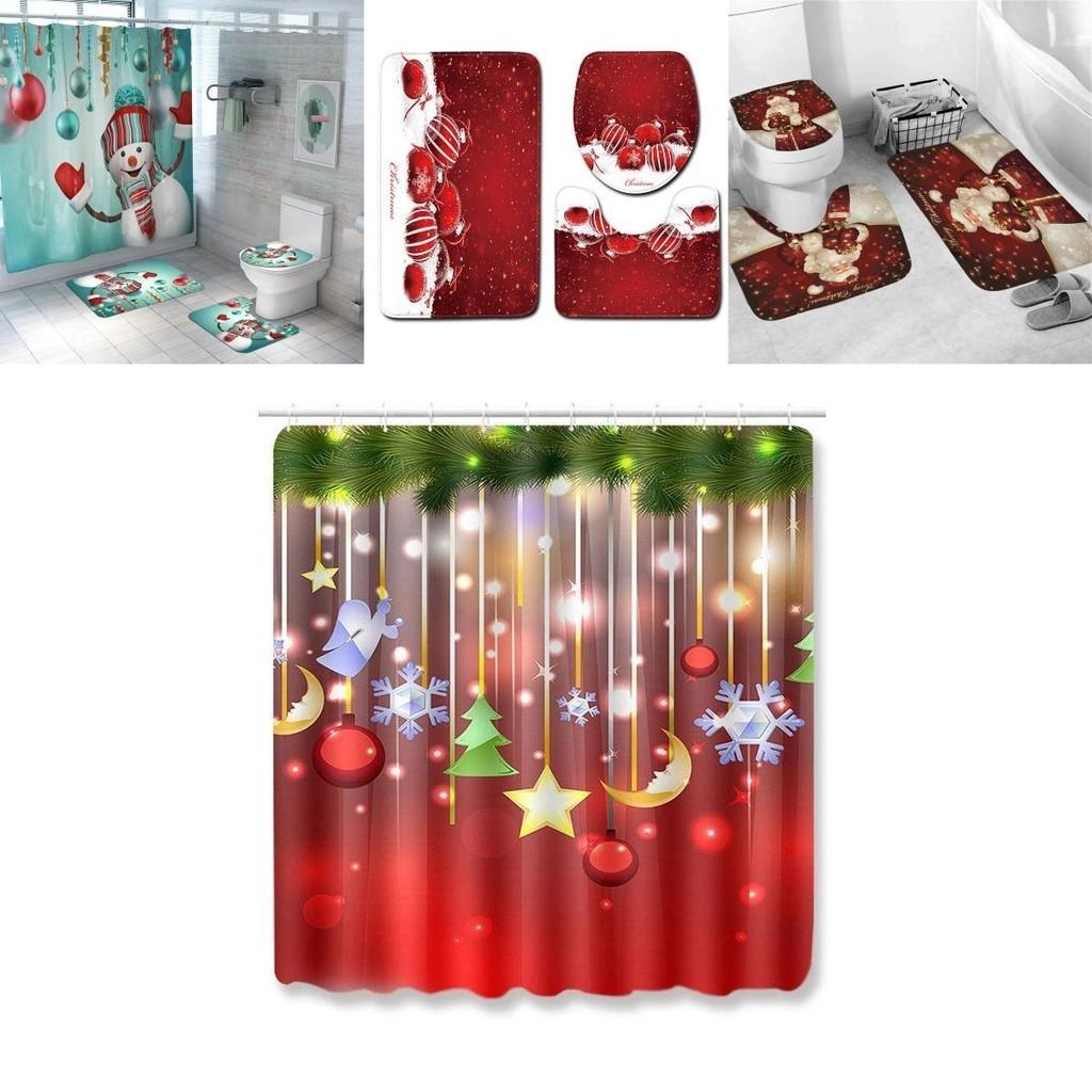 4pcs Christmas Shower Curtain And Toilet Cushion Set Cover Mat For Festive Bathroom Decor