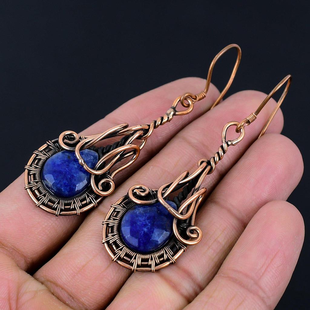 Blauer Saphir Laborgezüchteter Edelstein Handgefertigt Reiner Kupferdrahtwicklung Schmuckanhänger